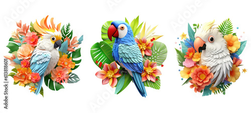 Cute 3D Birds, Floral 3D Birds, Parrot. Generative AI