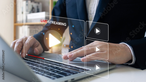 Video streaming, Online movie streaming icon concept.Person watching online movie or TV series on laptop computer screen.webinar online, education on internet, e-learning concept.
