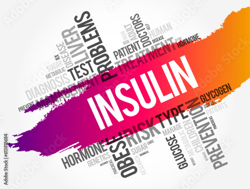 Insulin is a peptide hormone produced by beta cells of the pancreatic islets encoded in humans by the INS gene, word cloud concept background