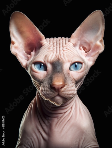 Close-up portrait of Sphynx cat on black background. Generative AI © moufau