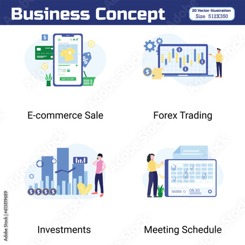 Business Concept illustrations. Concepts are easy to edit, and a Collection of scenes with men and women taking part in business activities e-commerce. Vector illustration.