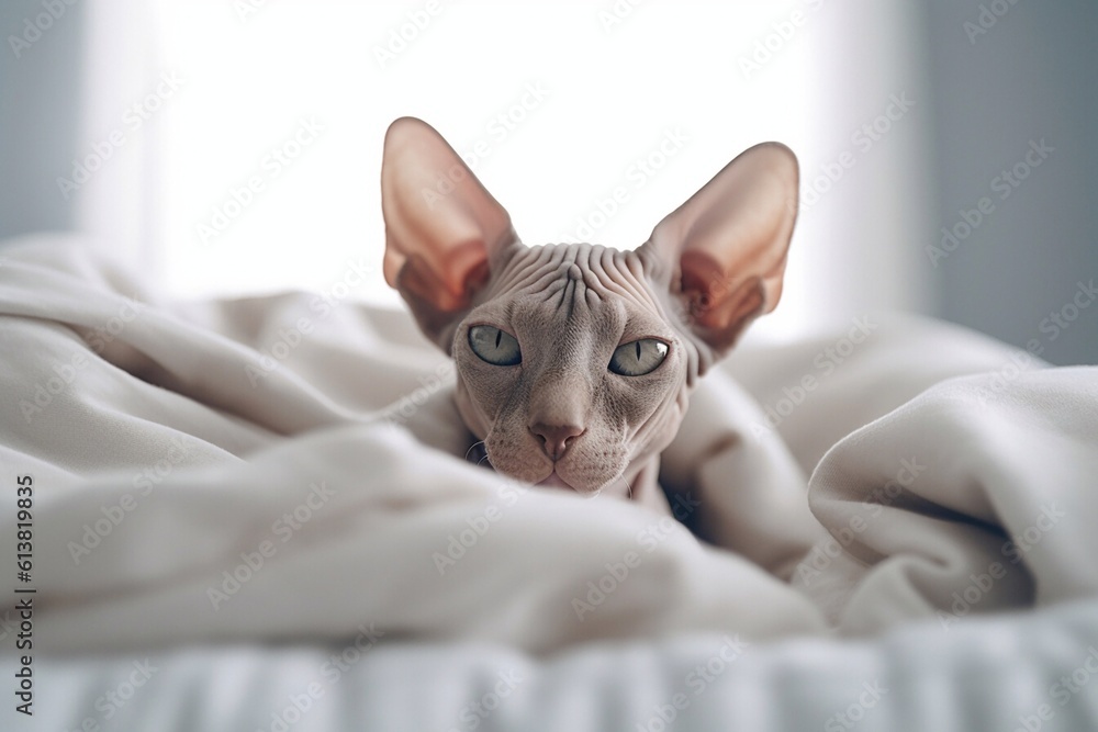 Portrait of tired Sphynx cat lying in bed at home and looking at camera. Generative AI 
