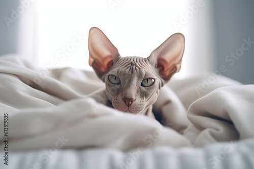 Portrait of tired Sphynx cat lying in bed at home and looking at camera. Generative AI  © moufau