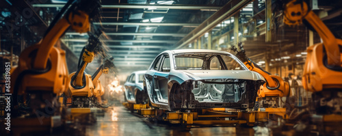 Car factory, car production plant. A modern car manufacturing facility with raw silver monocoque bodies flowing down production lines. some motion blur. hand edited generate  AI.  photo