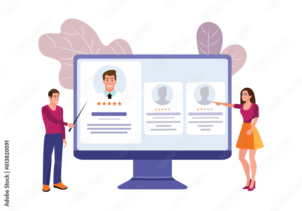 Smiling characters working in recruitment agency. Professional headhunting business representatives. HR department hiring candidates for job on computer. Vector