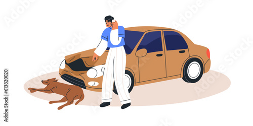 Traffic accident with man and injured dog lying on road. Car driver hit animal and calling for assistance. Transport vehicle emergency situation. Flat vector illustration isolated on white background
