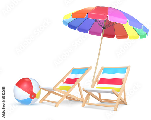 3D Rendering Summer Colorful Beach Umbrella, Beach Chairs And Beach Ball Isolated On Transparent Background, PNG File Add