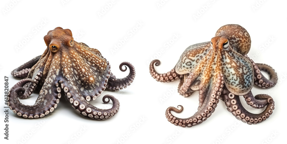 Obraz premium Two octopuses. Sea animals, isolated on white background. Collection of ocean inhabitants. Marine life. Undersea creatures. Underwater wildlife. Beautiful octopus. Generative AI.