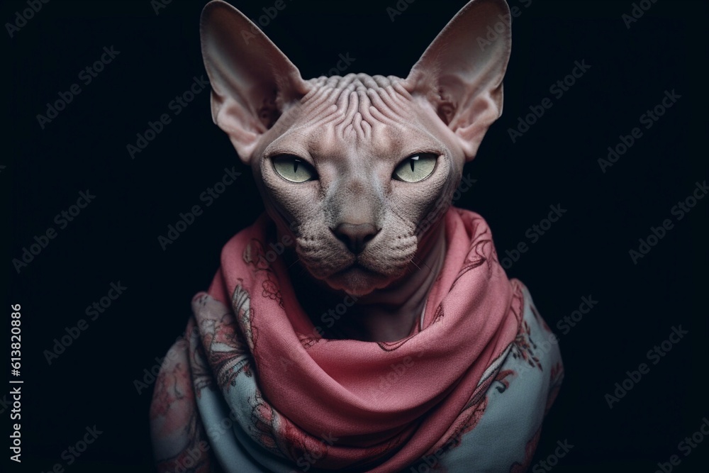 Scary portrait of Sphynx cat while wearing scarf on dark background. Generative AI Scary portrait of Sphynx cat while wearing scarf on dark background. Generative AI