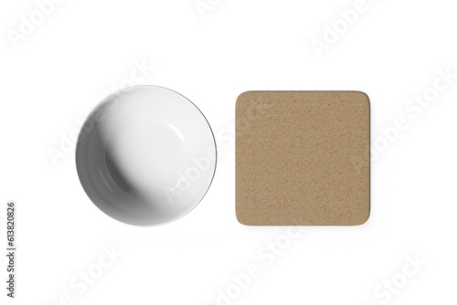 Mockup of empty blank beer drink paper cardboard coasters and mug on bright transparent background, 3d illustration