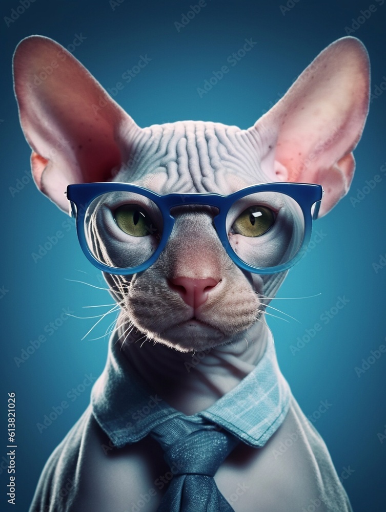Tense portrait of a Sphynx cat posing while wearing a scarf and glasses in a photo studio. Generative AI 