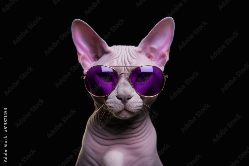 Close-up portrait of beautiful Sphynx cat using purple sunglasses on black background. Generative AI 
