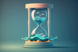 Creative 3D hourglass with sea waves and sand on flat colored background with copy space. Minimal summer time concept, time to travel, beach relax. Generative AI 3d render illustration imitation.