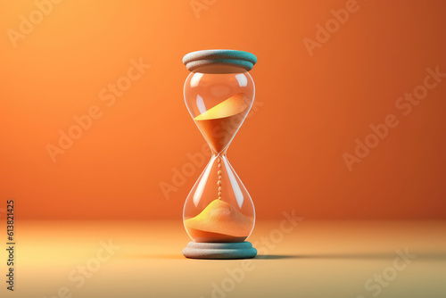 Classic 3D hourglass on a flat colored background with copy space. Minimal deadline concept, the time has come, the expectations. Generative AI 3d render illustration imitation.