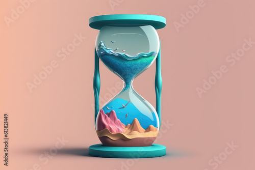 Creative 3D hourglass with sea waves and beach on flat colored background with copy space. Minimal summer time concept, time to travel, beach relax. Generative AI 3d render illustration imitation.