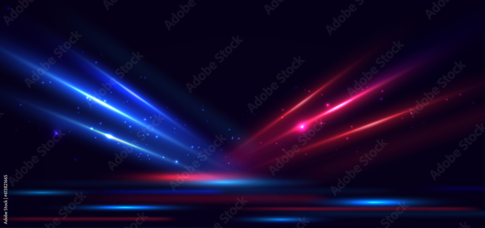 Abstract technology futuristic blue and red light rays effect on dark background and dot glitter.