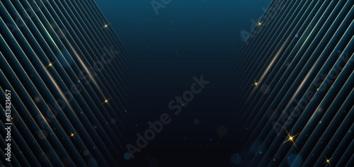 Abstract luxury golden lines diagonal overlapping on blue background. Template premium award design.