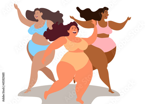 Bodypositive, inclusive concept. different races active womans plus size happy dancing in a bikini. vector Modern illustration cartoon young haracter flat style. mental health, acceptance themselves 