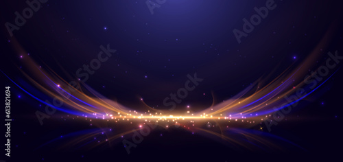 Abstract technology futuristic glowing neon blue and gold light ray curved on dark blue background with lighting effect.