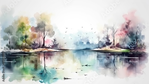 Beautiful picture of a watercolor landscape with a lake