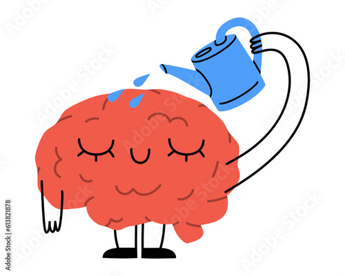 Hand drawn cute illustration of human brain watering himself. Flat vector organ, intellect symbol character in colored doodle style. Mental health, self care and love sticker, icon or print. Isolated.