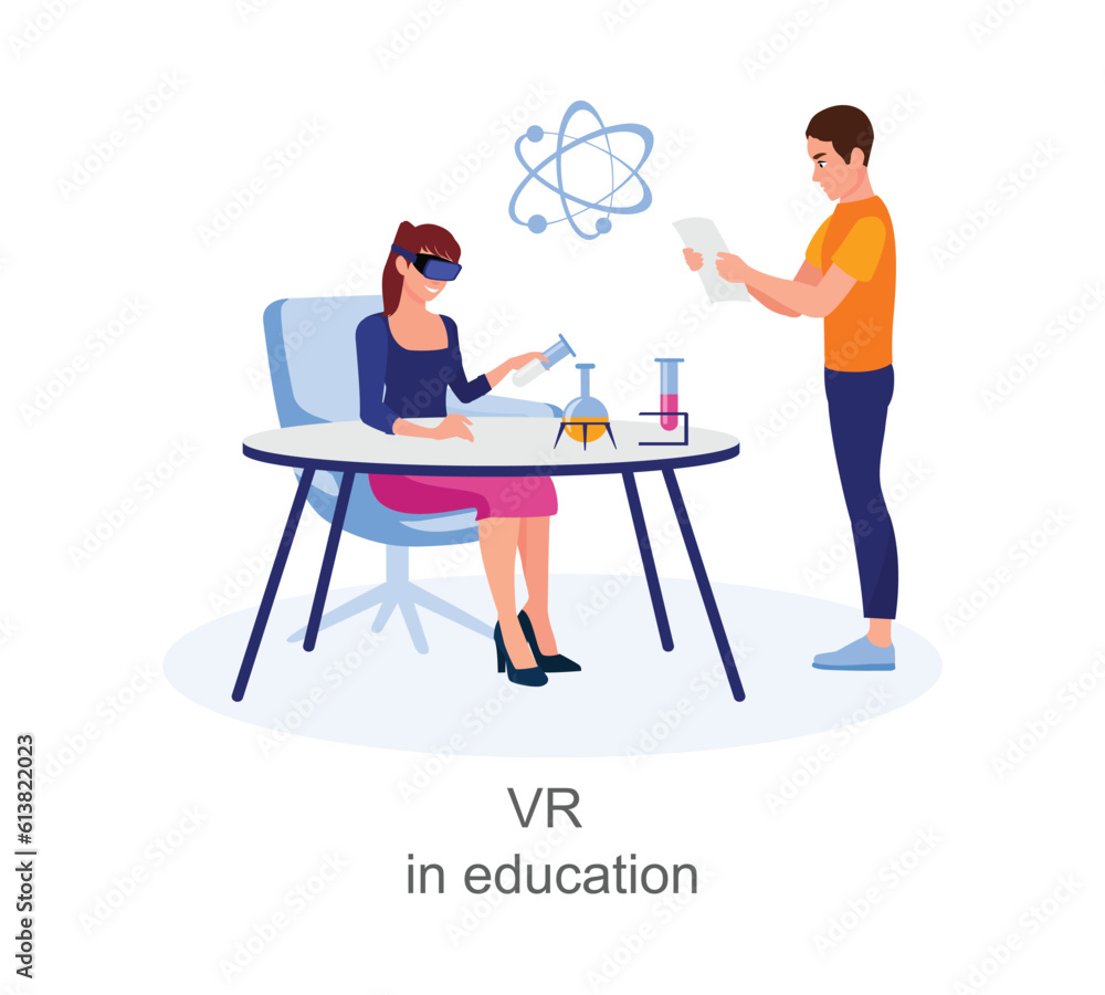 Handsome cartoon colleagues use virtual reality glasses in science and education. Process of experiencing virtual reality simulation. Usage of augmented reality. Vector