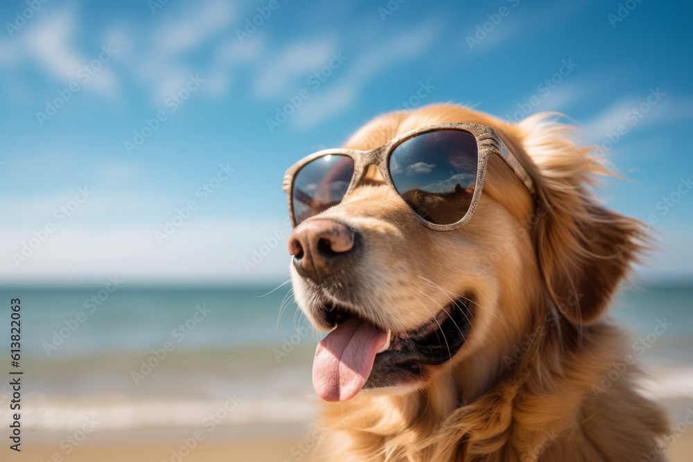 Generative Ai content. Summer vacation concept. Happy golden retriever wearing sunglasses on the beach on a hot summer day. Close-up portrait. A pet by the ocean.