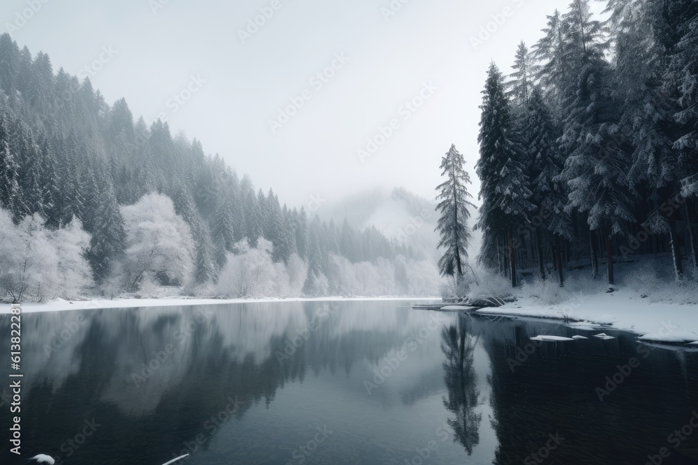 Frozen lake surrounded by snowy trees