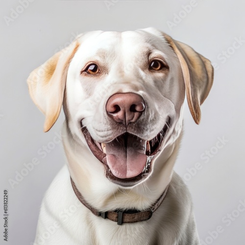 Labrador Retriever dog portrait on gray background. Generative AI.