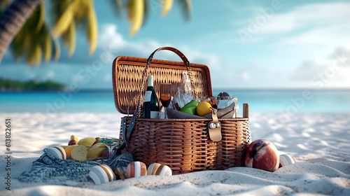 Picnic basket on a paradise exotic sandy beach. Ai illustration, fantasy digital painting, Generative AI