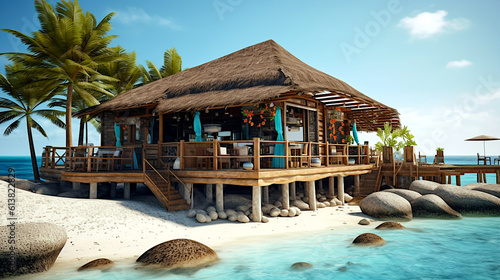 Restaurant on a paradise, exotic, sandy beach. Seychelles, Maldives, Hawaii. Ai illustration, fantasy digital painting, Generative AI