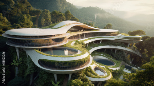 A dramatic Zaha Hadid-inspired elliptical architecture, hovering on a cliff, featuring a unique and stimulating design that blends effortlessly with its bamboo forest backdrop.