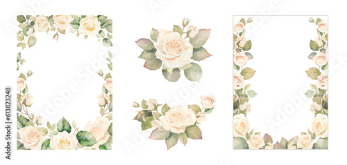 Watercolor floral illustration bouquet, borders and frames. Neutral beige roses and greenery. Bohemian flowers. Wedding stationary, greetings, wallpapers, fashion, background