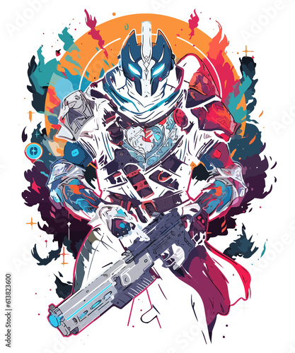 Epic Gamer Guardian mit Flammen Mond Hintergrund T-Shirt Design - Generative AI