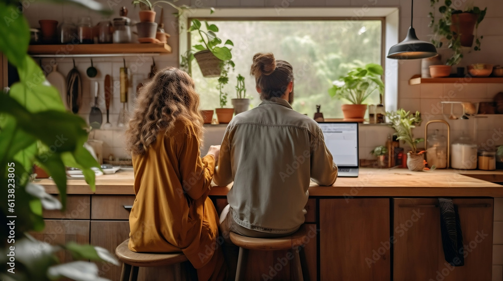 Couple using the laptop in the beautiful wooden kitchen at home.