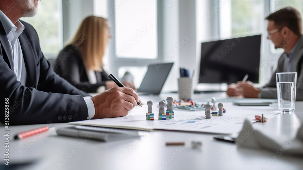 Entrepreneurs discuss the company's strategy at a large working table. Entrepreneurs discuss the company's strategy at a large working table.