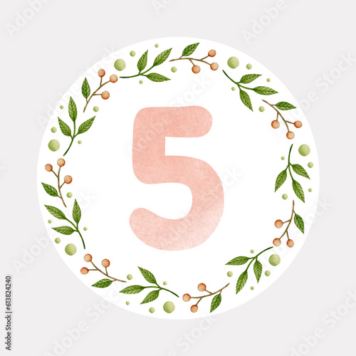 Baby monthly milestone, pink number 5 watercolor illustration.