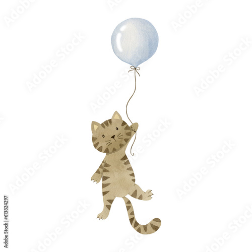 Cat on a balloon watercolor illustration isolated on white background.
