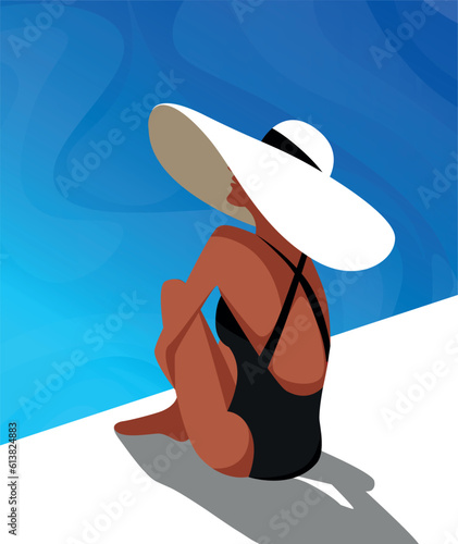 Vector illustration of a beautiful girl in a black swimsuit hat, sits in the pose of a vacationer on vacation, swimming in the pool and sunbathing