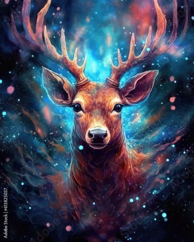 art deer in space . dreamlike background with deer . Hand Drawn Style illustration 