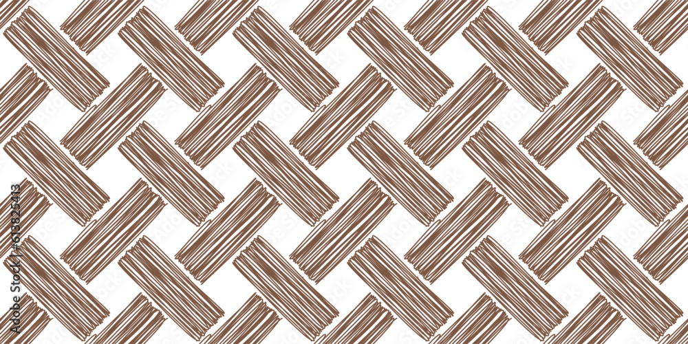 Diagonal basketweave seamless pattern with straw texture. Brawn basket weave bamboo texture on white. Simple monochrome background. Vector abstract illustration