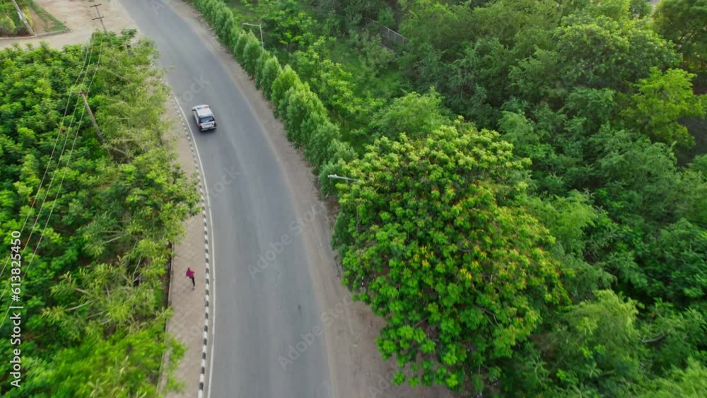 police car going in a road between trees tracking drone shot 4k 30p police car going in a road between trees tracking drone shot 4k 30p