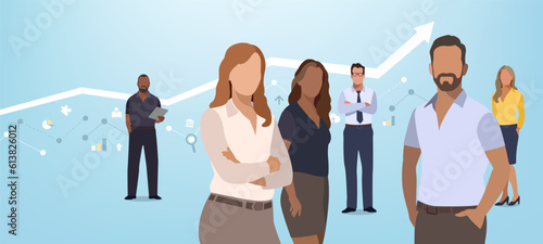 Team of six experts, business workers and rising business chart line. Together for success and growth. Business vector illustration.