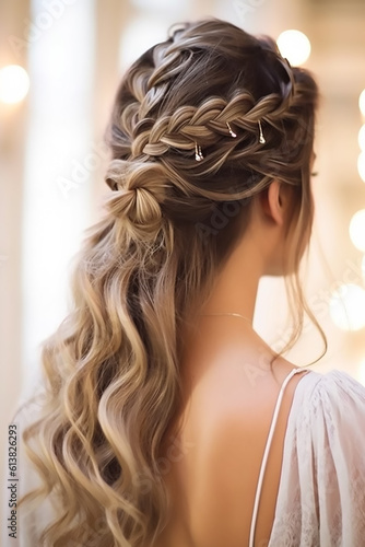 Beautiful hairstyle of Newlywed bride in white wedding dress holding a beautiful bouquet