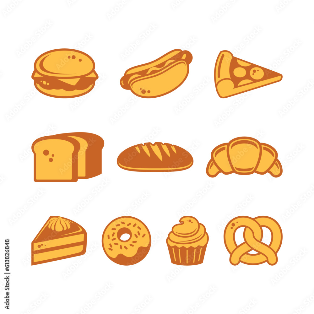 Bakery product simple brown icon set vector isolated on a white background. Salty and sweet pastry icon set vector. Food snack symbol collection on a white background Bakery product simple brown icon set vector isolated on a white background. Salty and sweet pastry icon set vector. Food snack symbol collection on a white background