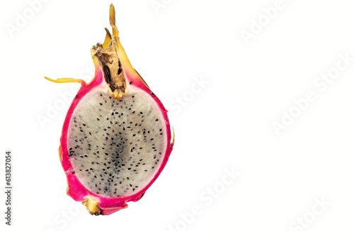 Ripe Dragon Fruit Half Slice Isolated on White Background with Copy Space