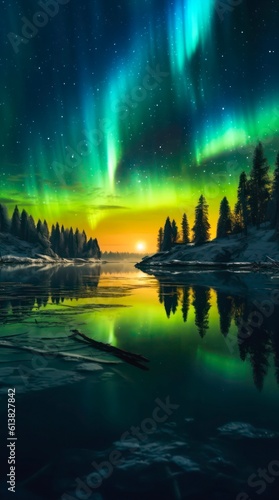 Aurora borealis over the forest and lake. Generative AI.