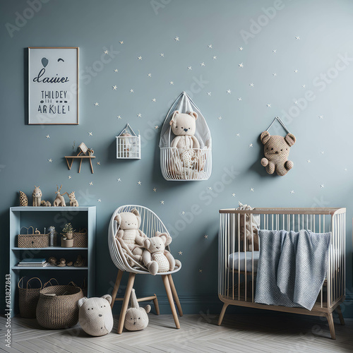 Scandinavian Baby room, Neutral color Wall,  Stars And Decoration, Wooden Cradle, Toys, Parquet Floor, Soft Light Generative Ai