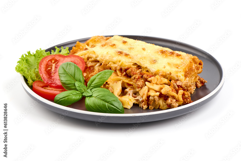 Lasagna, Traditional homemade Italian dish, isolated on white background.
