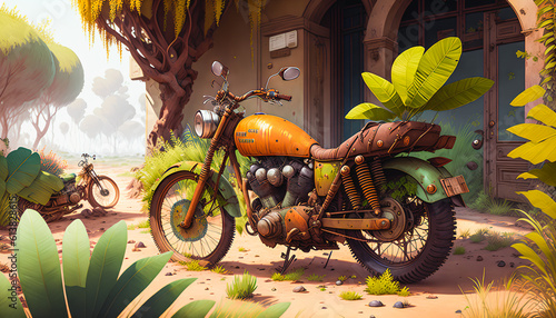 Deserted Rusty Motorcycle Covered in Vibrant Lush Foliage of a Forgotten Landscape